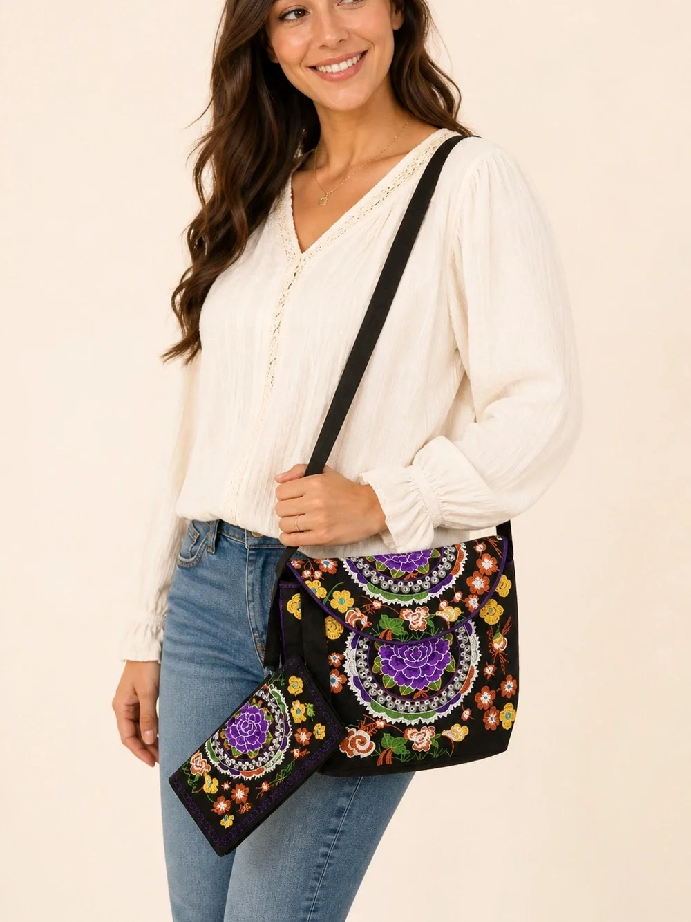 Floral Embroidery Boho Sling Bag & Wallet Set Colorful Polyester Crossbod Purse